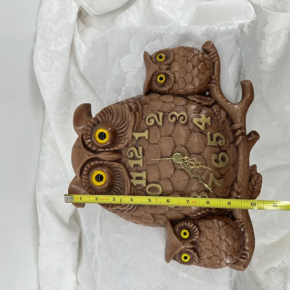 Vintage Ceramic Owl Family Wall Clock Exc Rustic Woodland Decor Retro MCM Kitsch